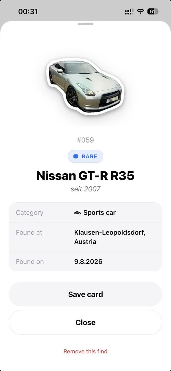 A Nissan GT-R find card in Dibs